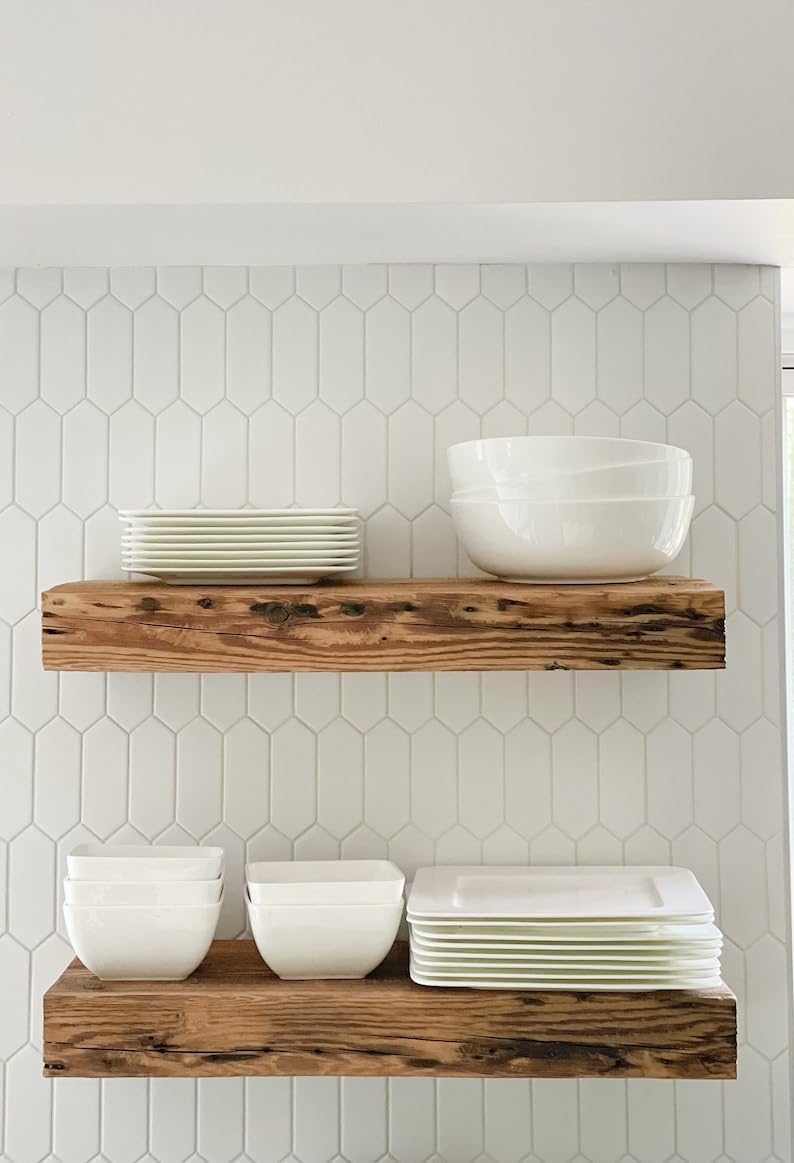 Modern Timber Craft Reclaimed Wood Fireplace Mantel Shelf | Solid Rustic American Barnwood with Floating Shelf Brackets | 2.75" Thickness | 96" L x 7" D, Rustic Original - Unfinished