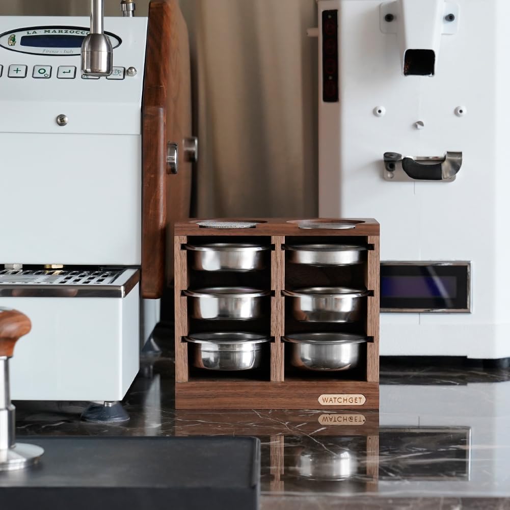 watchget Horizontal Espresso Portafilter Filter Basket Holder Rack - Wooden Precision Basket Storage Stand for 58mm Espresso Machines and 58mm Coffee Puck Screens