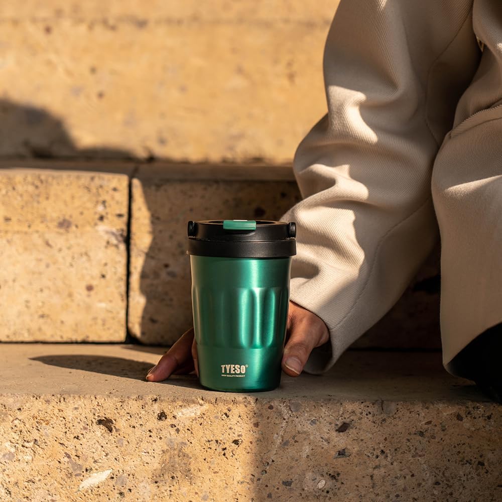 TYESO Stainless Steel Portable Tumbler with Flip Lid,Travel Mug with Concealed Carry Handle, Leakproof Insulated Coffee Cup (ROSE GOLD, 17 OZ)