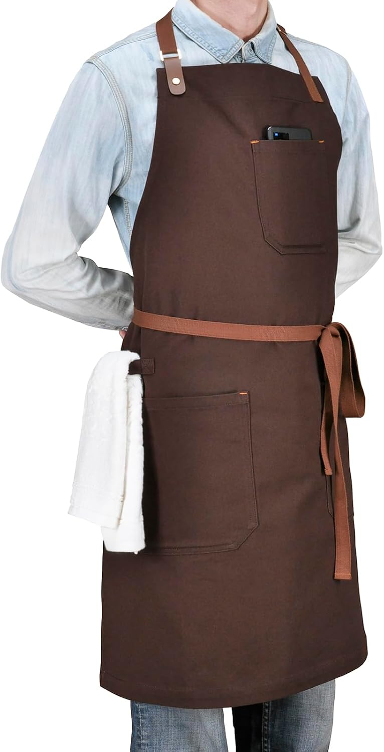 Chef Bib Apron with Pockets Professional Kitchen Cooking Grill BBQ Apron for Men Women, with Pockets Towel Loop and Adjustable Neck Strap (Brown)