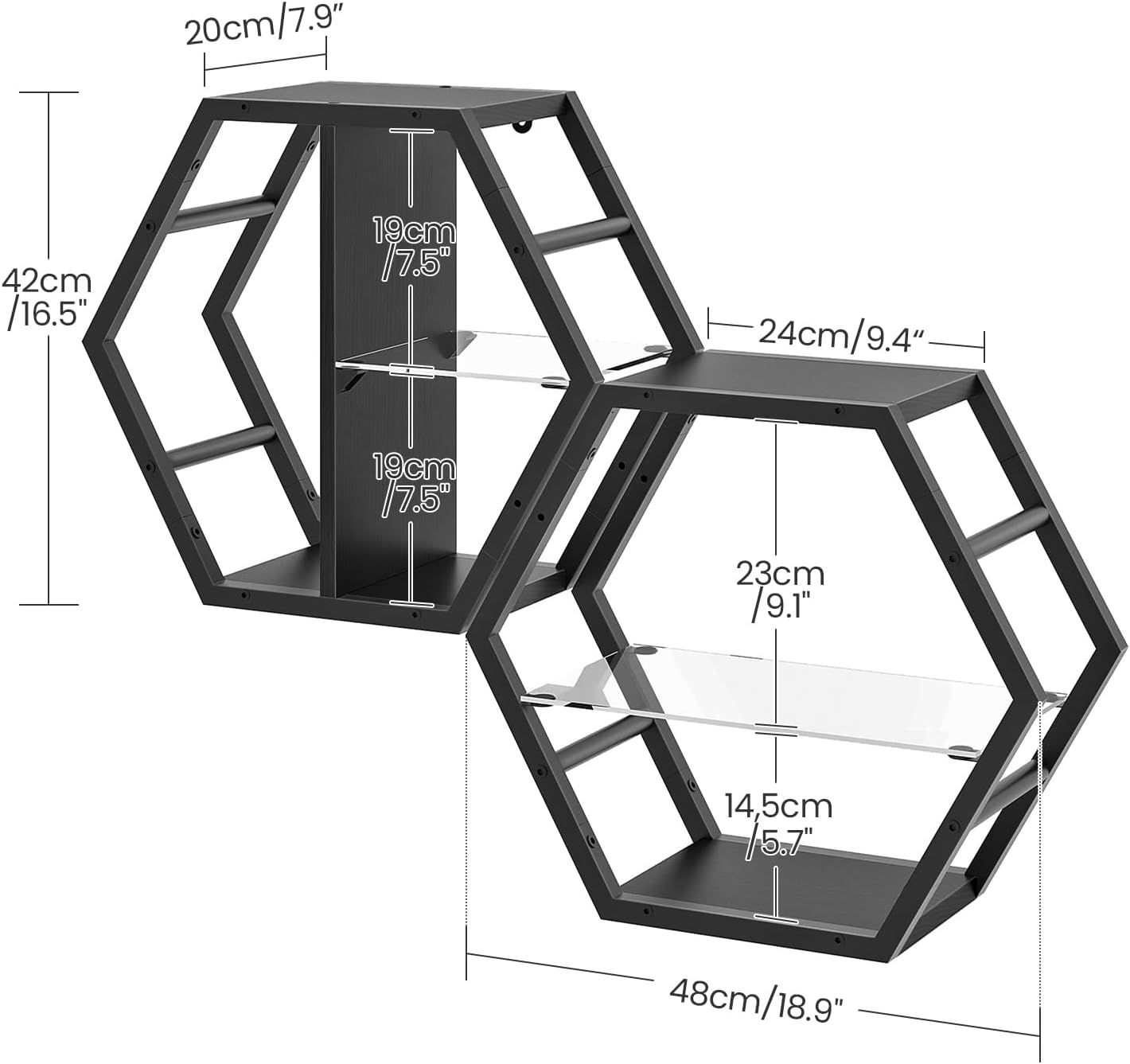 Hexagon Floating Shelves Set of 2, Glass Hanging Shelves for Wall Decor, Industrial Style Wall Storage Rack and 12 S-Hooks, for Living Room, Bedroom, Office, Game Center, Black TBJ08BB
