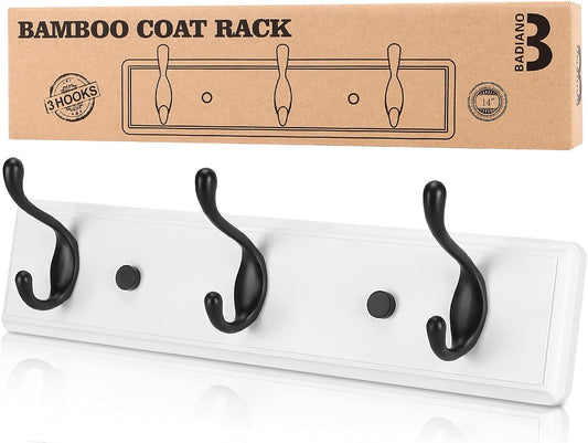 Wooden Coat Rack, Wall-Mounted Organizer for Closet, Entryway, Hallway, Foyer, Bedroom, Heavy Duty Double Hooks for Hanging Towels, Bags, Hats, Jackets, Key (WhiteBlack, 3 Hooks)