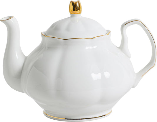 27oz White Porcelain Teapot with Gold Trim, Classic Ceramic Teapot for Loose Leaf Tea & Tea Bags, Elegant Small Teapots for Daily Use or Gifts
