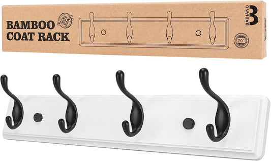 Wooden Coat Rack, Wall-Mounted Organizer for Closet, Entryway, Hallway, Foyer, Bedroom, Heavy Duty Double Hooks for Hanging Towels, Bags, Hats, Jackets, Key (WhiteBlack, 4 Hooks)