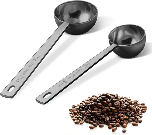 Premium Coffee Scoop Set, Set of 2, Metal Stainless Steel Long Handle Coffee Scoop, Measuring Coffee Spoons Contains 1 Tablespoon (15 ml) and 2 Tablespoons (30 ml) Spoon-Black
