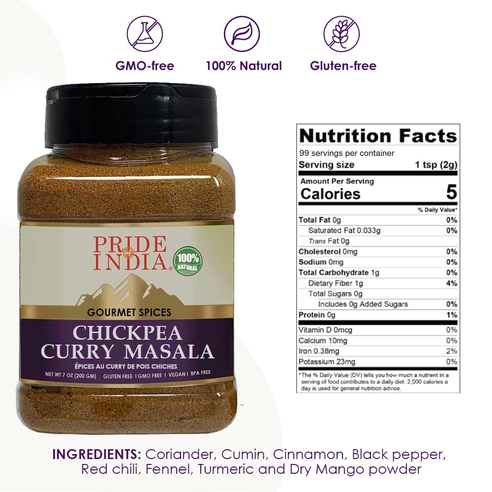 Pride of India - Chickpea Curry Masala Seasoning Spice – Authentic Indian Taste – Spice Blend for Curry Dishes – Gourmet & Flavorful Mix – 7 oz. Medium Dual Sifter Jar