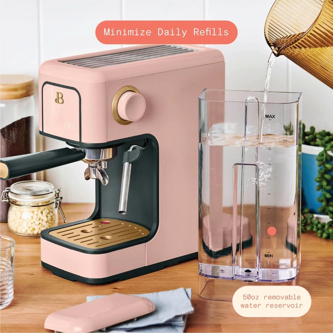 Beautiful Slim Espresso Maker by Drew Barrymore – 20‑Bar Pressure, Dual‑Spout 52 mm Portafilter, 50 oz Removable Tank, 2‑in‑1 Steam Wand & Touch Controls (Rose)