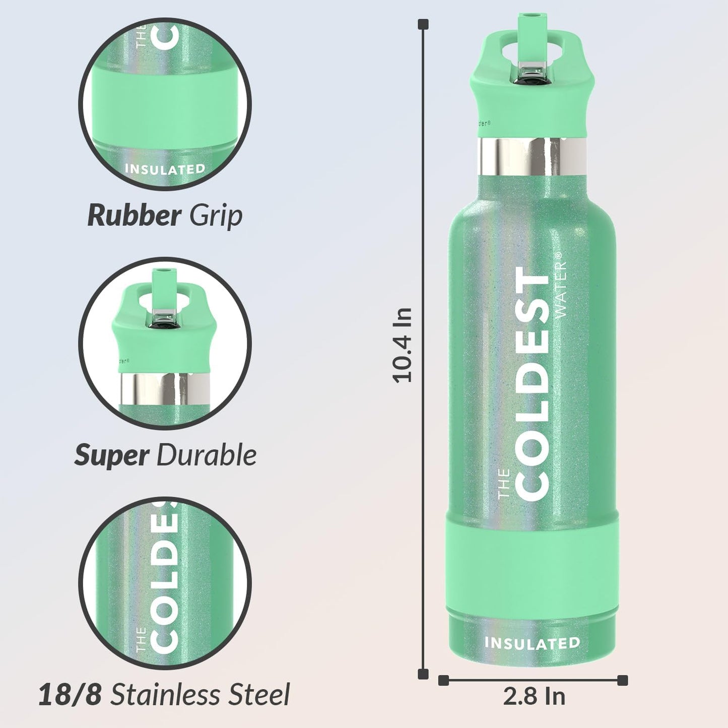 Coldest Insulated Water Bottle with Straw Lid - Stainless Steel Metal Insulated Bottle for Men & Women (Green Aurora Glitter, 21 oz)