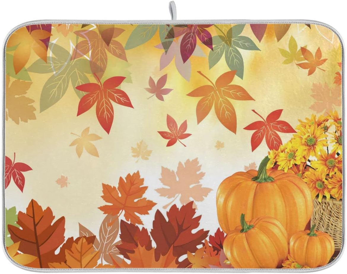 Autumn Fall Dish Drying Mat for Kitchen Counter Pumpkin Maple Leaves Drying Mat 18 x 24 Inch with Absorbent Reversible Microfiber Dish Drying Pad Dish Rack Drainer Mats for Coffee Bar