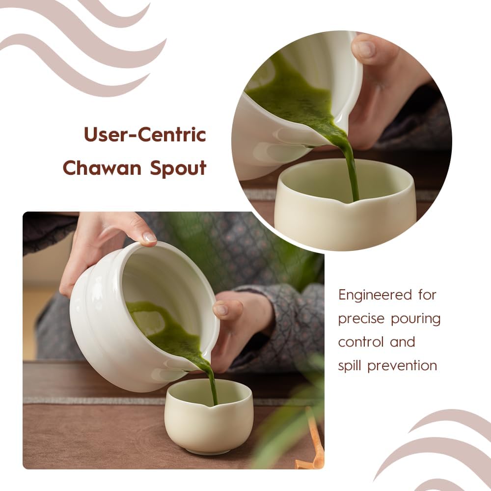 Matcha Whisk 8 Pcs Set - Ceramic Bowl, Bamboo Whisk with Holder, Canister, Sifter, Schima Spoon, Spoon Rest and Tea Towel, Complete Kit for Traditional Matcha and Modern Lattes (Glossy White)