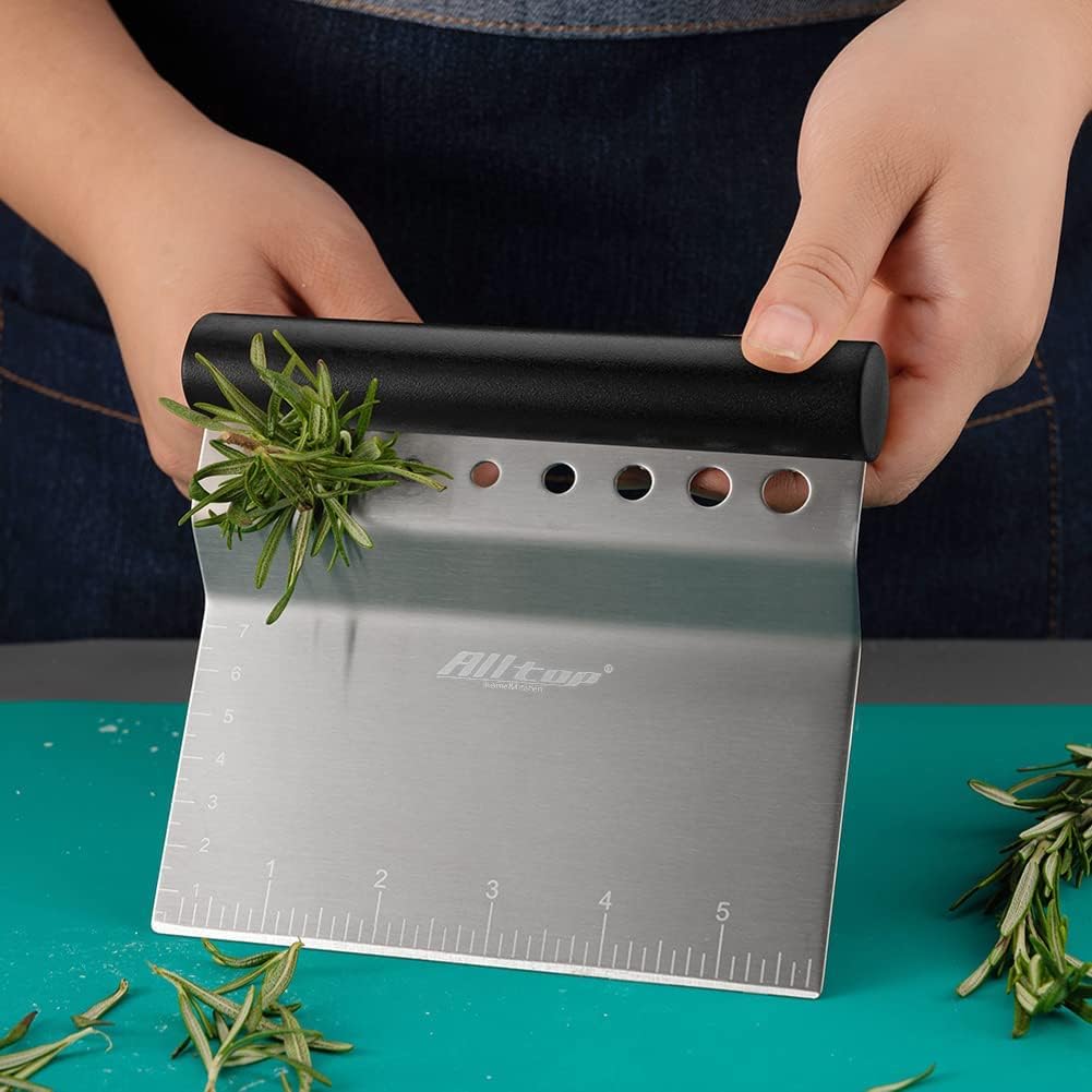ALLTOP Bench Scraper & Chopper with Herb Stripper,Stainless Steel Multipurpose Kitchen Baking Tool for Bread Dough Pastry Cake -Leaf Remover with Plastic Handle &Upgraded Protective Cover