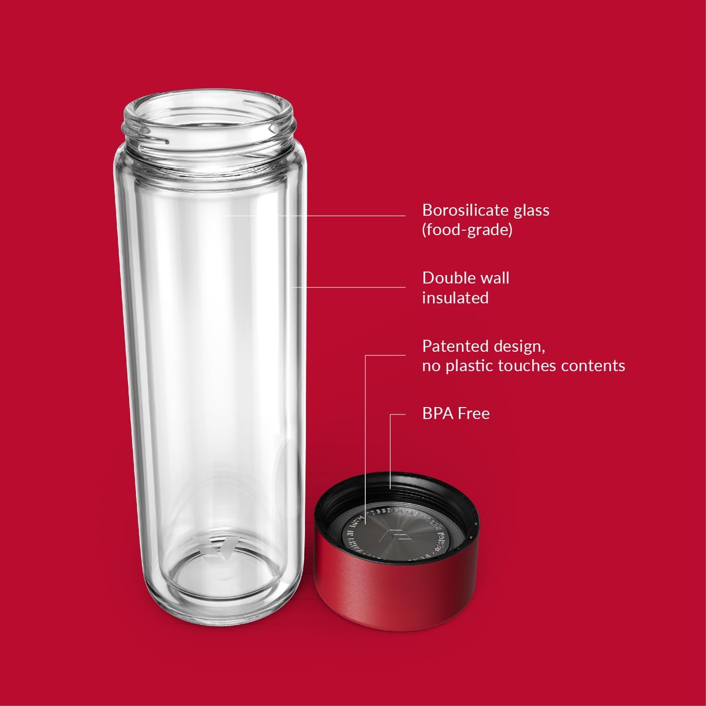 Glass Multi Tea Infuser Bottle 14oz - Double Wall Borosilicate Glass Flask | No Plastic Touches Contents | Perfect for Office or Home - Red