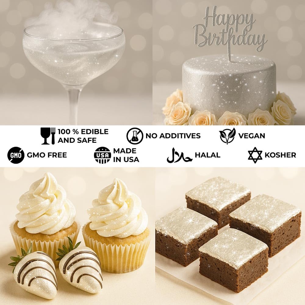 Bulk 20g White Edible Glitter for Drinks | Premium Edible Glitter for Cakes, Cocktails, White Cake Decorating Decorations Food Grade, Vegan, Kosher, Halal, Gluten Free - Made in USA