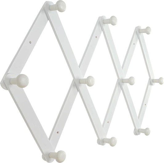 Dseap Expandable Coat Rack (Larger Version) - 24” High, Anti-Slip, Ultra Heavy Duty Wooden Accordian Wall Hanger with 10 Study Peg Hooks for Clothing Hats Jackets Bags, White