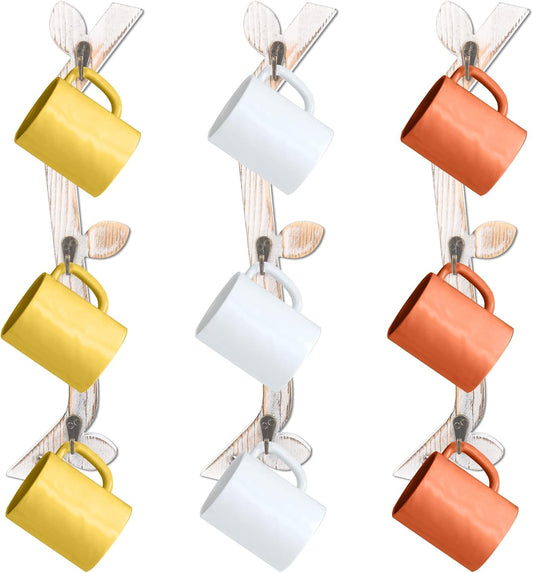 3 Pack Wood Coffee Mug Wall Rack with 9 Hooks Wall Mount Coffee Cup Holder White Espresso Cup Display Stand Tea Cup Hanger Display Wall for Kitchen Cafe Bar