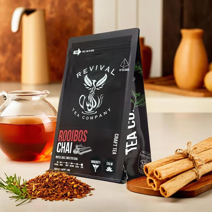Revival Tea Company Rooibos Chai Tea - Rooibos Red Tea Blend with Fresh Spiced Chai Flavor - Caffeine Free - 24 Tea Bags