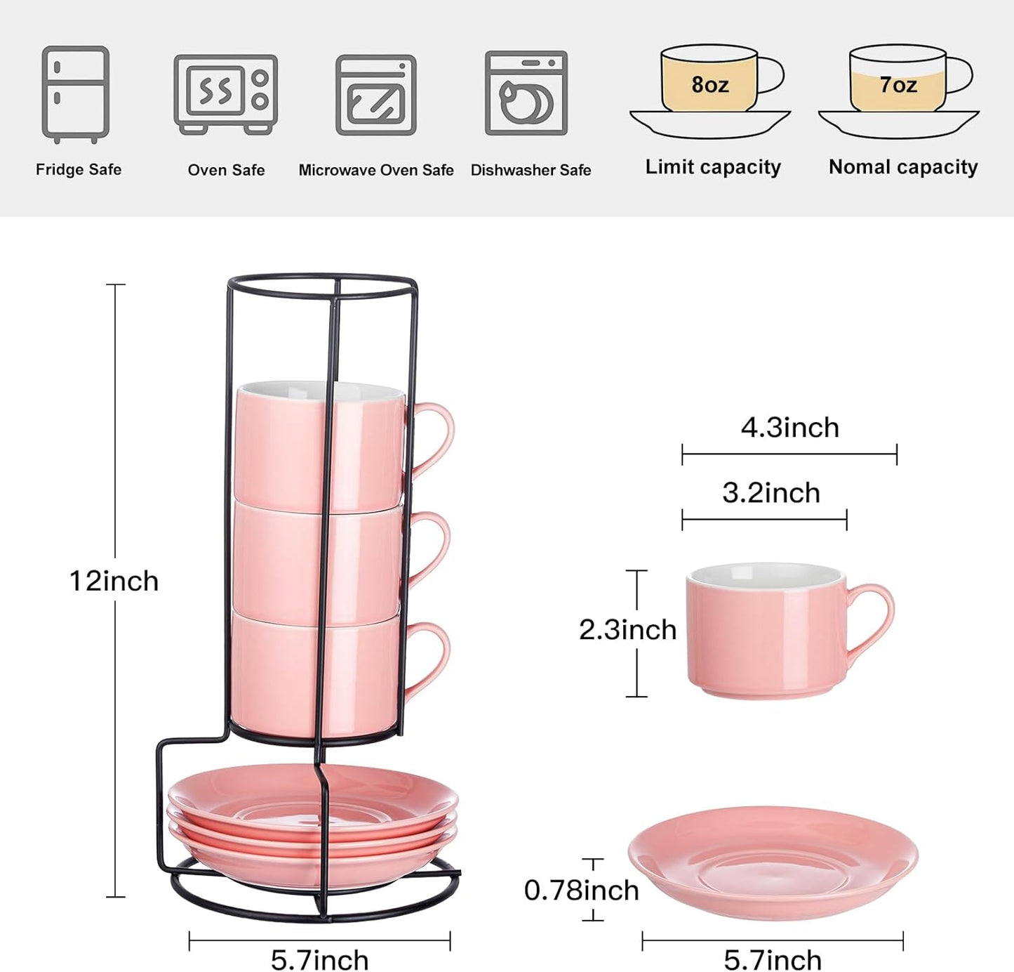 8oz Porcelain Stackable Cappuccino Cups with Saucers and Metal Stand Set of 4, Coffee Cups for Espresso, Specialty Coffee Drinks, Latte, Americano and Tea - Pink