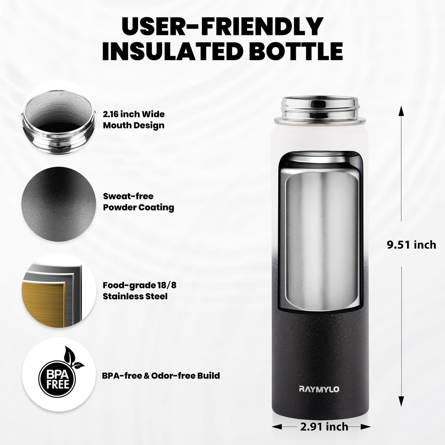 Insulated Water Bottle 20 oz, Triple Wall Vacuum Stainless Steel (Cold for 48 Hrs), Leak Proof & Non-BPA, Kids Water Bottle Jug for School with Straw Spout Lids, Ombre: White/Black