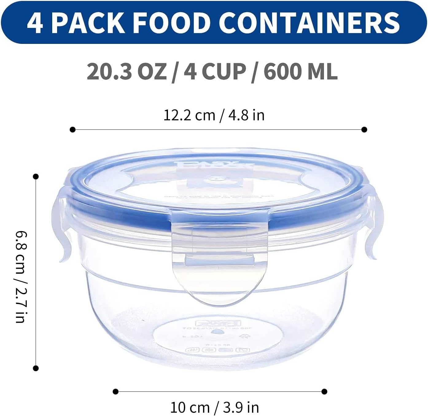KIGI 4 PACK 20oz Plastic Round Bowls with Lid Leakproof Food Storage Container Set Small Meal Prep Containers Bento Box