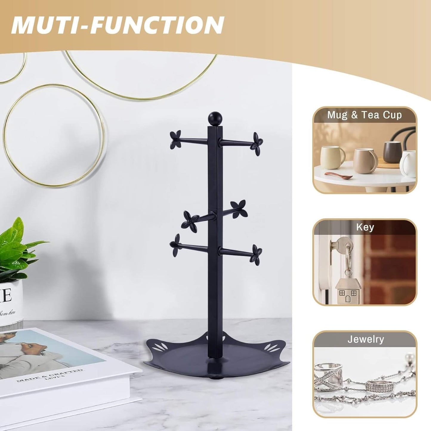 Coffee Mug Holder for Countertop, Cup Holder with 6 Hooks, Mug Stand for Counter, Coffee Bar Accessory, Mug Tree Station Organizer, Black