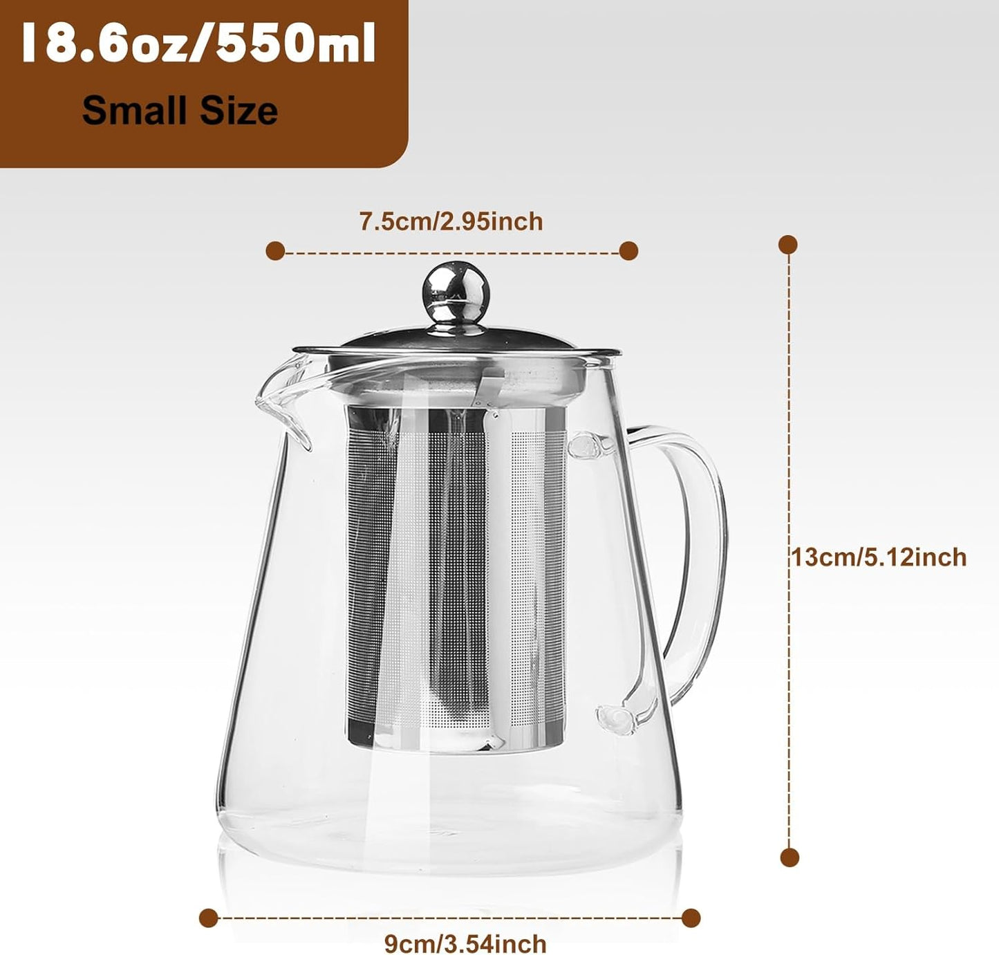 Glass Teapot, Tea Pot with Removable Infusers for Loose Tea, Borosilicate Glass Tea Kettle Tea Maker Stovetop for Party, Camping,Travel (550ML)