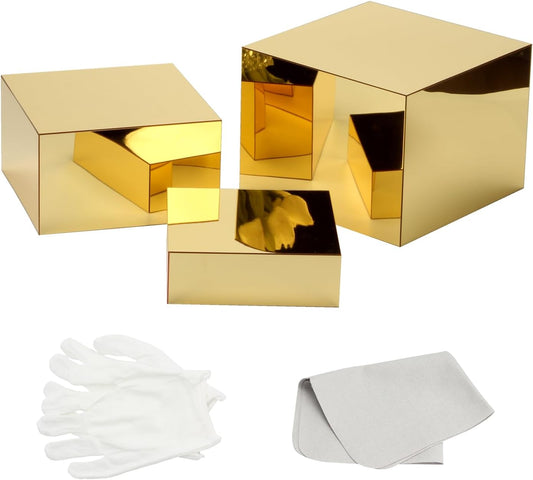 3-Piece Nesting Risers - Mirror Gold Acrylic Display Stands for Catering, Dessert, Jewelry & Party