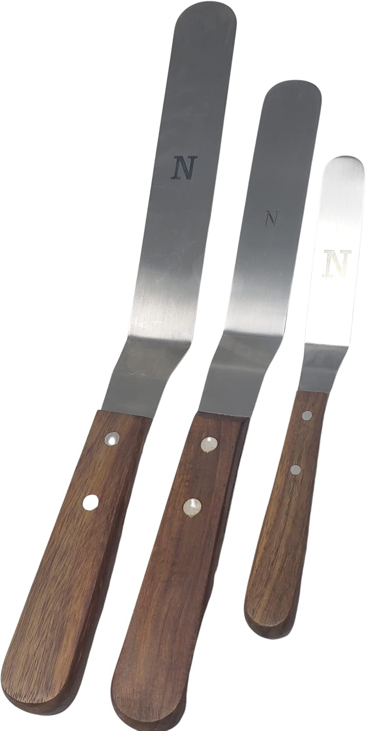 Offset Stainless Steel Spatula Set with Wood Handle - Professional Cake Decorating Tools - 4", 6.5" & 8" Stainless Steel Offset Blade Cake Spatula Set