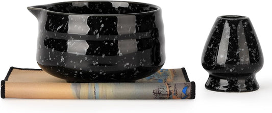 Japanese Ceramic Matcha Bowl - 16oz Speckle Glaze Chawan & Whisk Stand for Perfect Froth, Dishwasher Safe Black