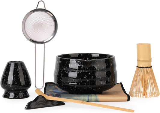 Japanese Matcha Whisk Set - 7-Piece Kit Bamboo Chasen, Ceramic Bowl with Spout, Stainless Steel Sifter & Holder Black