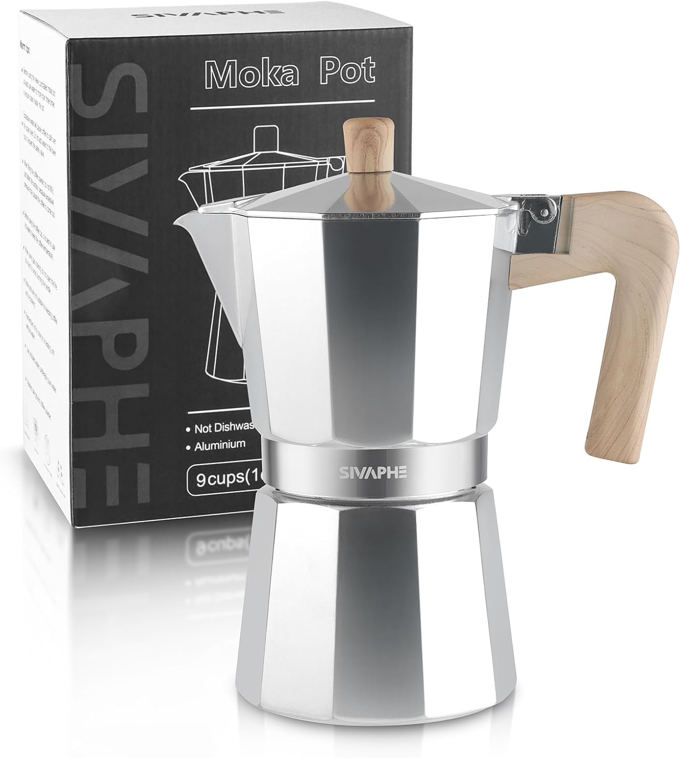 Sivaphe Aluminum Moka Pot 9 Espresso Cups, Percolator Espresso and Coffee Maker, Portable Stove top Italian and Cuban Café Brewer for Home and Camping Sliver