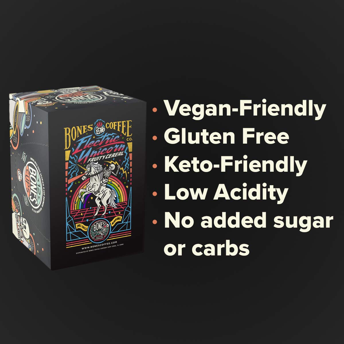 Bones Coffee Company Flavored Coffee Bones Cups Electric Unicorn Fruity Cereal Flavor | 12 ct Single-Serve Coffee Pods Compatible With 1.0 & 2.0 Keurig Coffee Maker