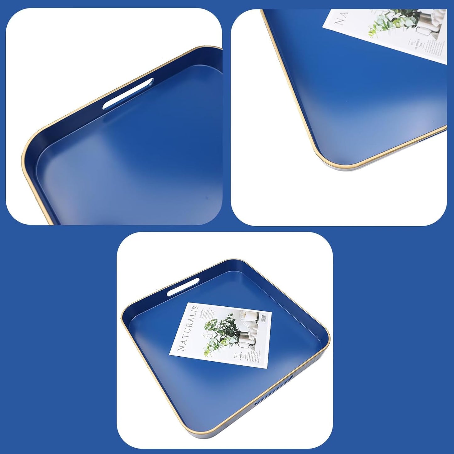 Royal Blue Square Decorative Tray with Handles, 13"*13" Versatile Serving Tray for Coffee Table, Ottoman, Ideal for Serving, Displaying, Organizing