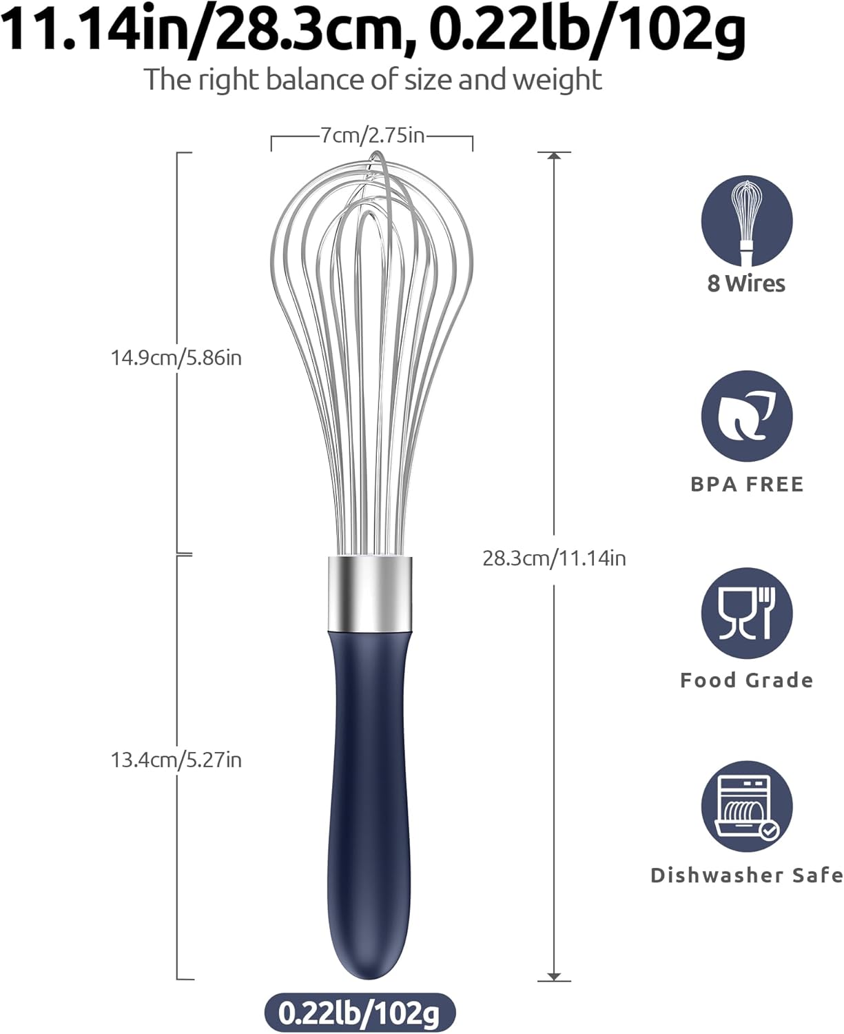 U-Taste Balloon Whisk for Cooking: 18/10 Stainless Steel Kitchen Wire Whisk, Medium Heavy Duty Egg Beater, Hand Baking Mixing Tool with 8 High Flex Wires for Stirring, Blending Sauce (Midnight Blue)