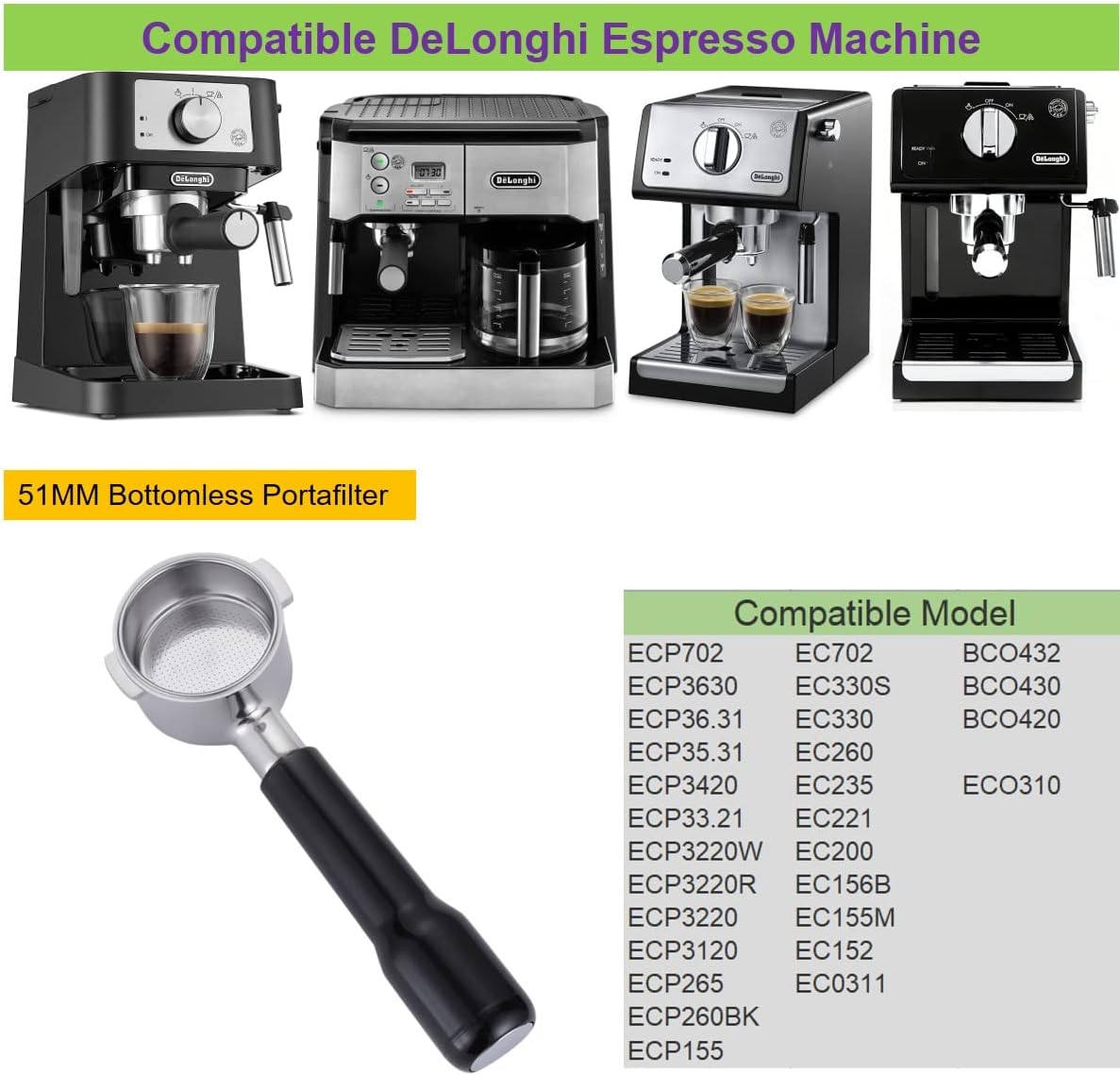 51mm Bottomless Portafilter for DeLonghi Espresso Machine Stainless Steel 51mm Portafilter 2 Ear for ECP3420/ECP3630/ECP3120/EC155/EC260/EC265/EC702 Handle-Plastic