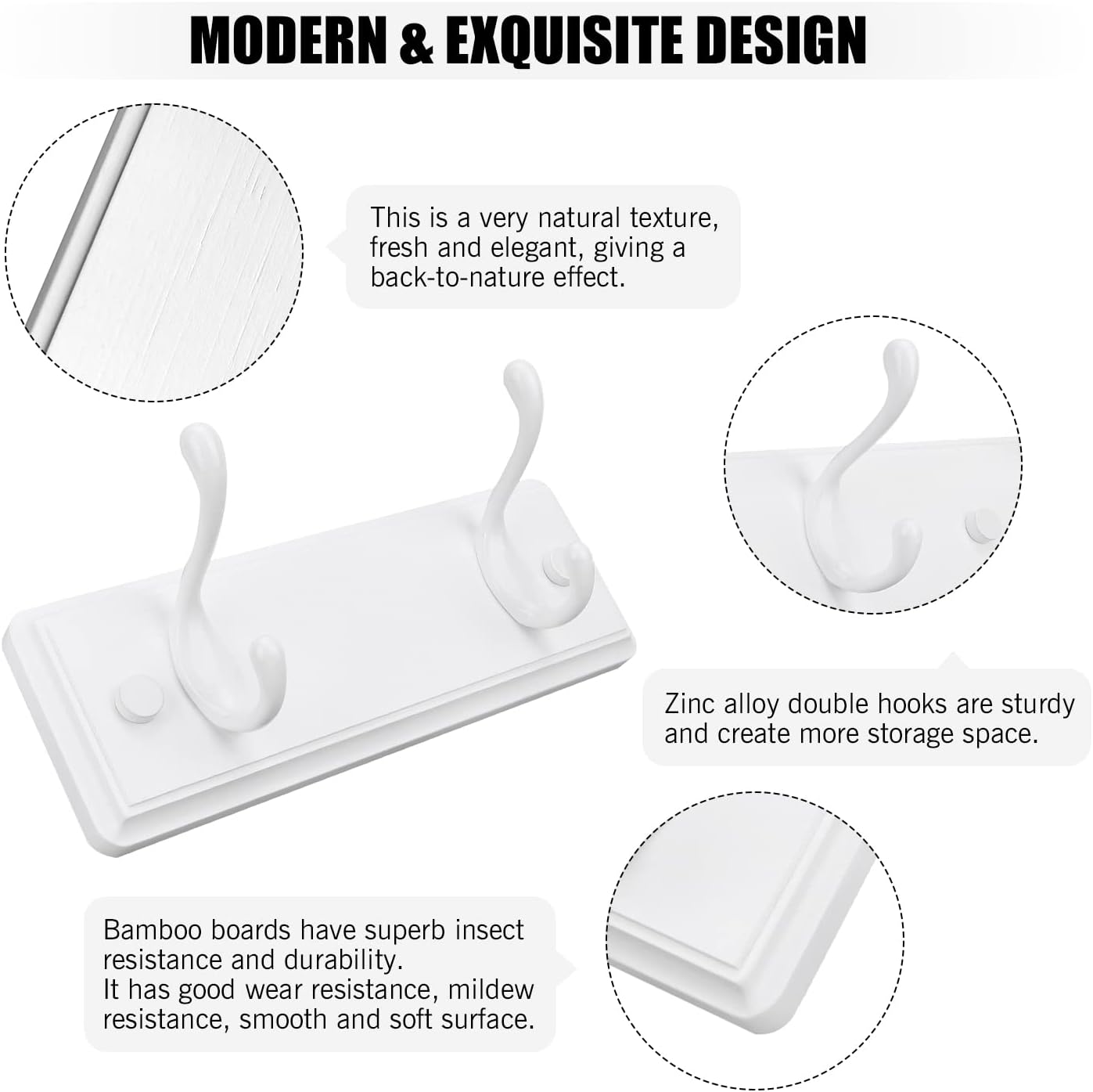 Wooden Coat Rack, Wall-Mounted Organizer for Closet, Entryway, Hallway, Foyer, Bedroom, Heavy Duty Double Hooks for Hanging Towels, Bags, Hats, Jackets, Key (White, 2 Hooks)