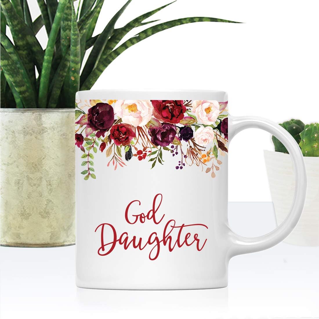 Andaz Press 11oz. Mother's Day Ceramic Coffee Tea Mug Gift, Fall Autumn Marsala Burgundy Flowers Roses Florals, God Daughter, 1-Pack, Includes Gift Box, Birthday Christmas Gift Ideas