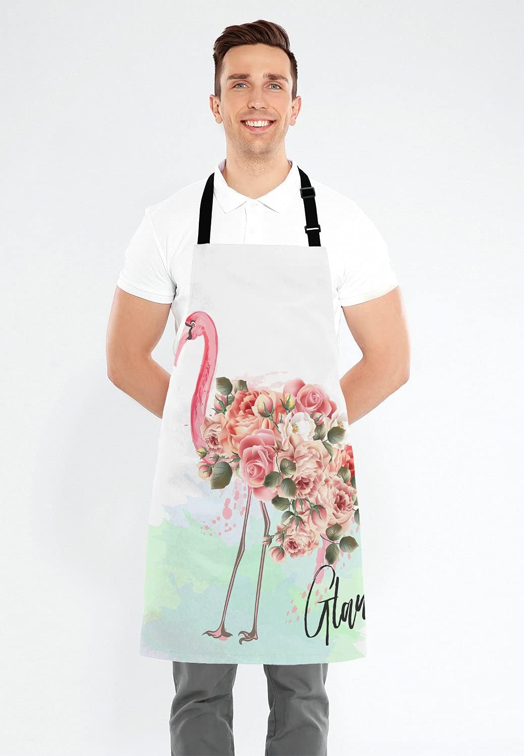 Pink Flamingo and Roses Bib Apron with Adjustable Neck for Men Women,Suitable for Home Kitchen Cooking Waitress Chef Grill Bistro Baking Apron