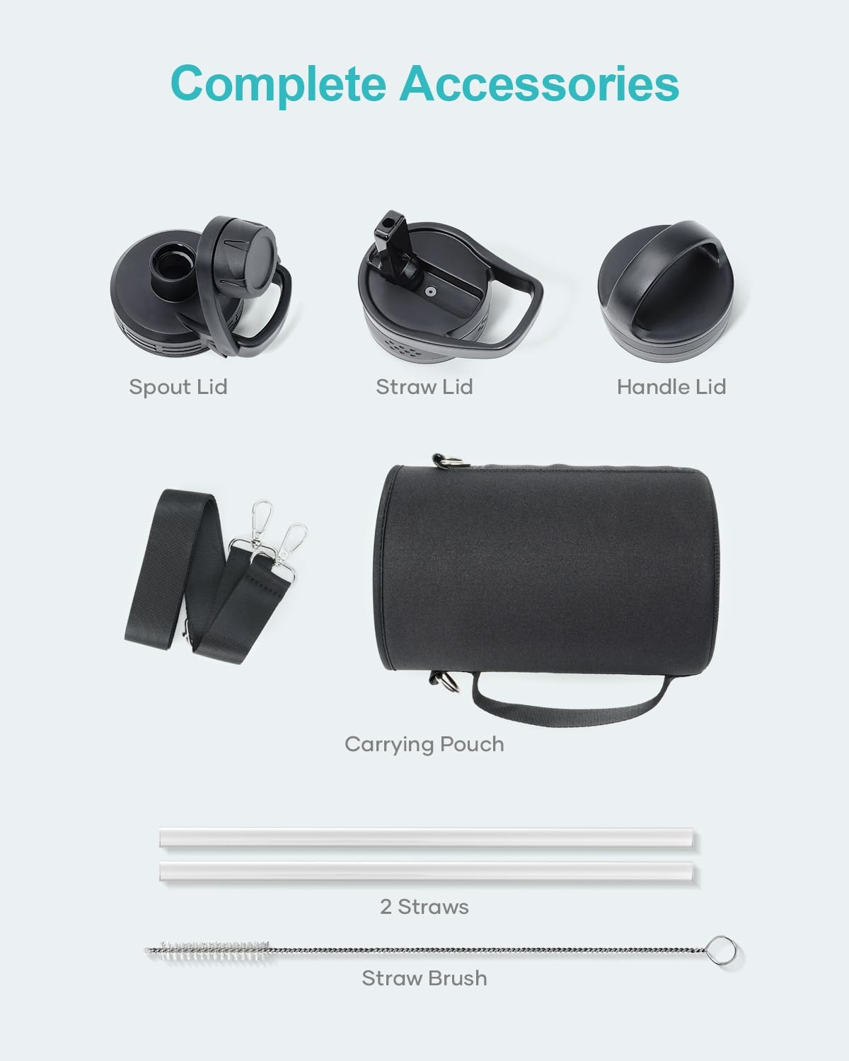 BUZIO 64 oz Water Bottle Insulated with Straw & 3 lid and Carrying Pouch, Leak Proof Half Gallon Stainless Steel Water Flask Jug, Cold for 48 Hrs Double Vacuum Thermo Canteen, BPA-Free, Dark Blue