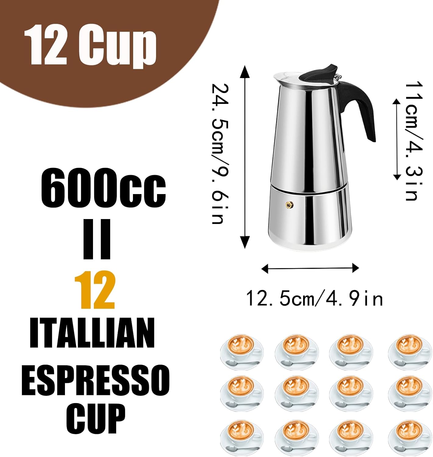 12 Cup Stovetop Espresso Maker Stainless Steel Moka Pot Stove Top Percolator Italian Coffee Makers Capable Mocha Greca Machine Cafe Classic Induction Cookers for Home and Camping 600ml 20oz