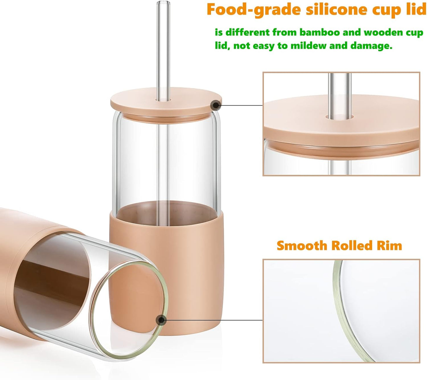 Sunseeke Glass Tumbler with Straw and Lid, 16oz Ice Coffee Cup, Silicone Sleeve Cleaning Brushes, Drinking Glasses for Water, Iced Coffee, Smoothie - BPA Free -3Pack