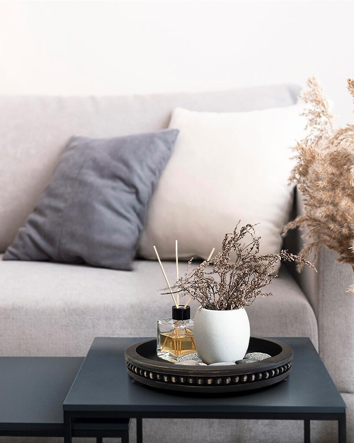 12 Inches Rustic Wooden Decorative Tray, Small Round Beaded Wood Tray for Kitchen Dinning Table Centerpiece Decor Entryway Living Room Home Decor, Black