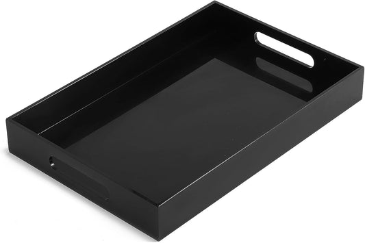 Glossy Black Sturdy Acrylic Serving Tray with Handles-12x20Inch-Serving Coffee,Appetizer,Breakfast,Butler-Kitchen Countertop Tray-Makeup Drawer Organizer-Vanity Table,Ottoman Tray-Decorative