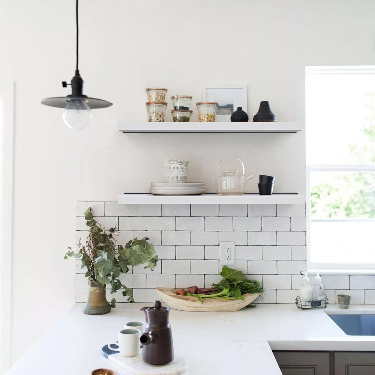 Meangood Floating Shelves White 17 inch Wall Mounted Natural Bamboo Wood Wall Storage Shelves for Bedroom,Living Room,Bathroom, Kitchen（Set of 2）