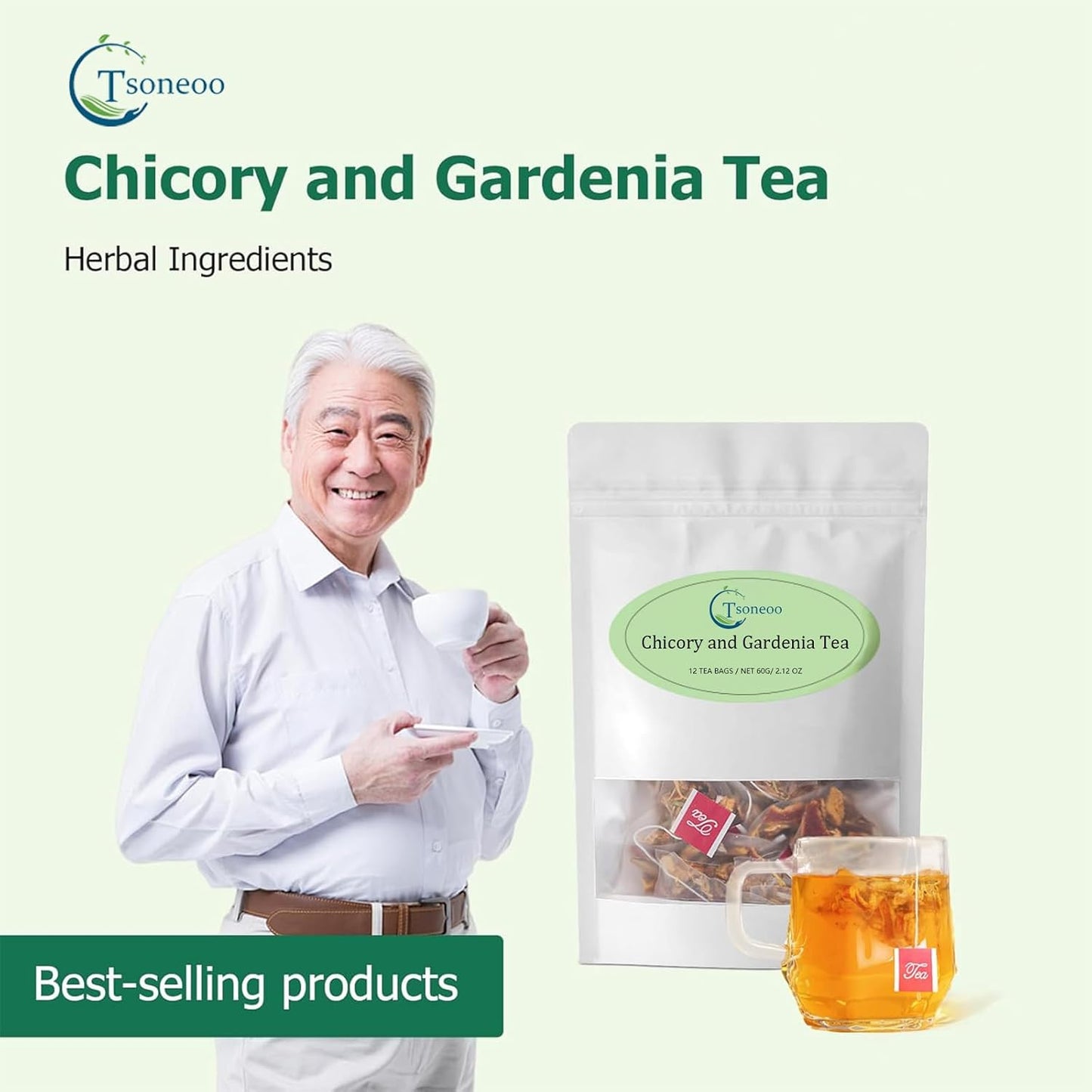 12 Tea Bags Chicory & Gardenia Herbal Tea - Gardenia, Chicory, Honeysuckle, Licorice, Tangerine Peel, Natural Sugar Free Blend, Vegan & Caffeine Free (1pc)