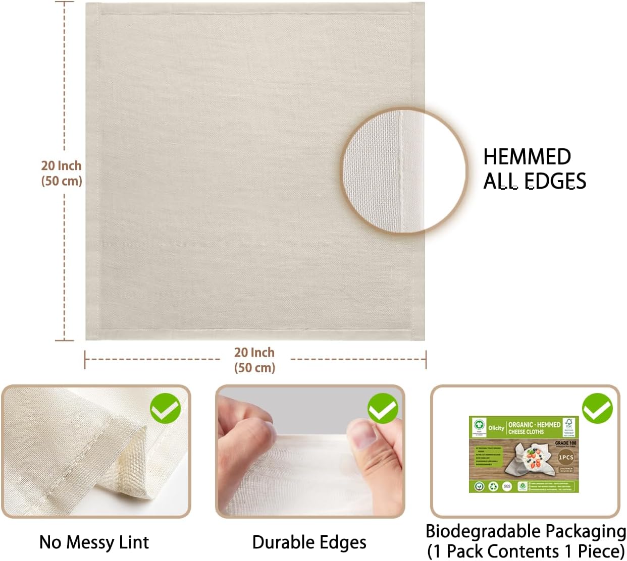 Organic Cheese Cloths, GOTS Certified, Grade 100,20x20Inch Hemmed Cheese Cloth Reusable Muslin Cheesecloth for Straining, 100% Cotton Unbleached Fine Mesh Cloth Cheese Cloths for Cooking,Sushi,Juicing