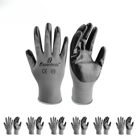 I9 Essentials 6 Pairs Nitrile Coated Work Gloves – Medium,Lightweight Grip Gloves for Men & Women – Gardening, Construction, Mechanic, Woodworking