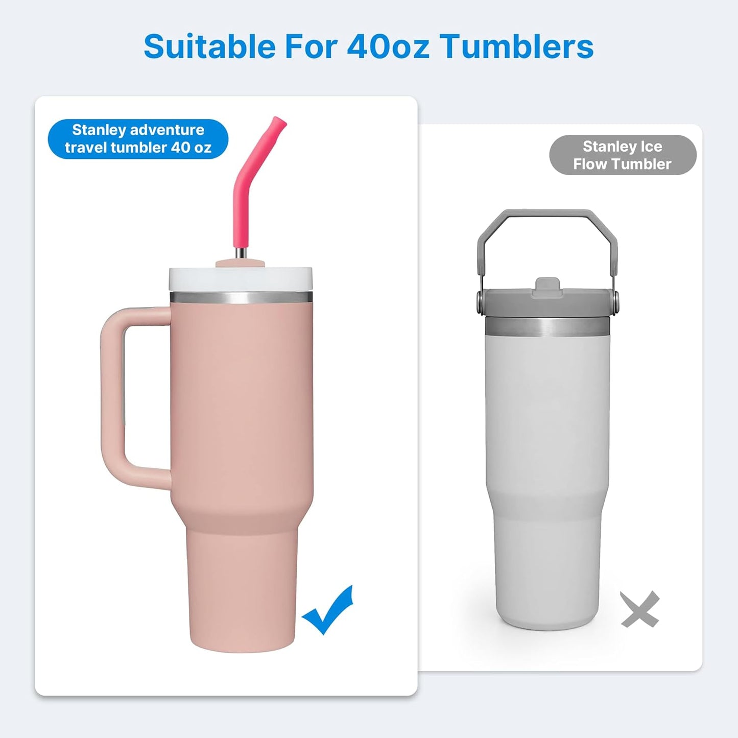 2 Pcs Stainless Steel Straws for 40 oz Stanley Tumbler, Replacement 40 oz Stanley Cup Straw Accessories with Silicone Tips and Cleaning Brush (Pink Dusk)