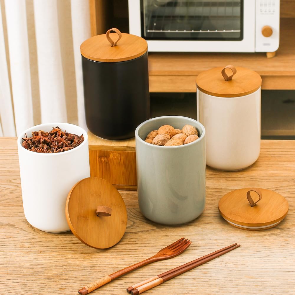 Large Ceramic Storage Jars, Modern Elegant Highly Polished Airtight Gorgeous Storage Canisters with Wooden Lid Food Storage Jar for Kitchen Spice Tea Vanilla Sugar Coffee Beans (Black)