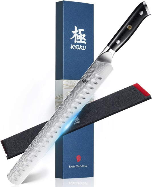 KYOKU Gin Series 12" Brisket Slicing Knife, Meat Carving Knife with Silver PVD Coating Mosaic Pin Handle for Professional Chef & Home Cook, Japanese VG10 Steel Slicer for Meat Fruit Vegetables