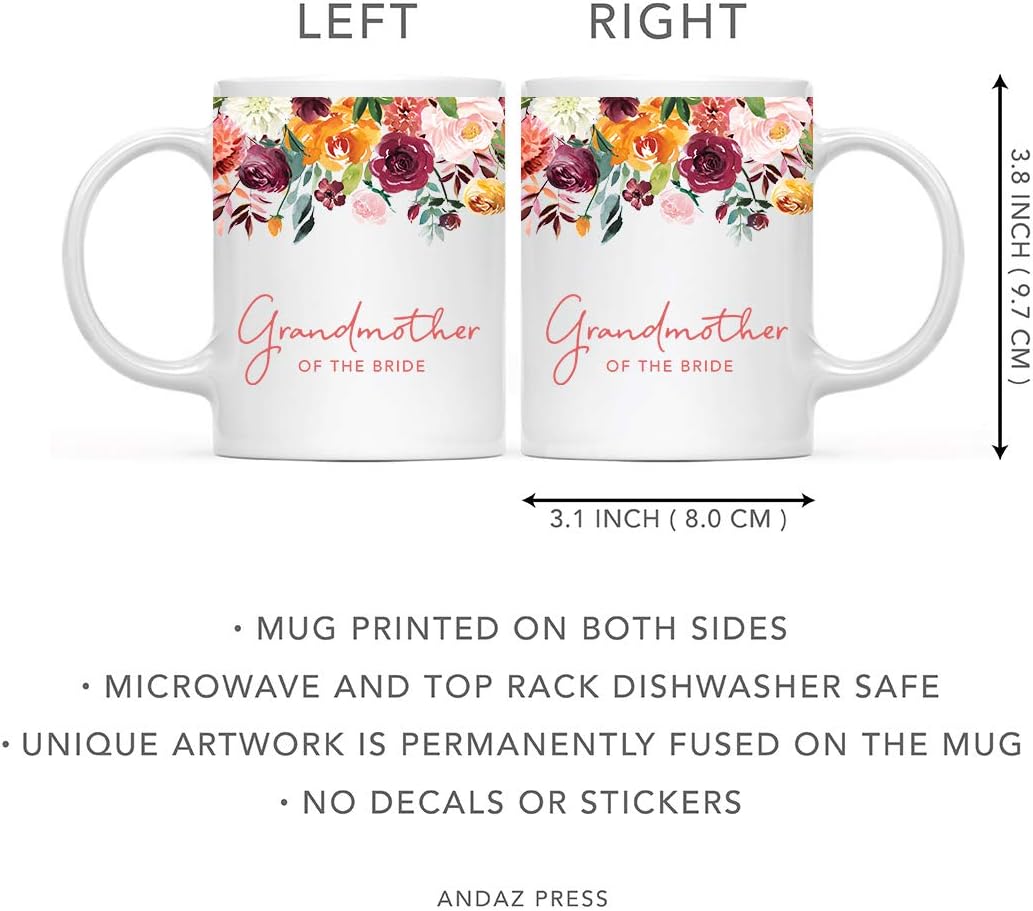Andaz Press 11oz. Wedding Ceramic Coffee Tea Mug Gift, Fall Autumn Burgundy Orange Peach Flowers Roses Florals, Grandmother of the Bride, 1-Pack, Includes Gift Box